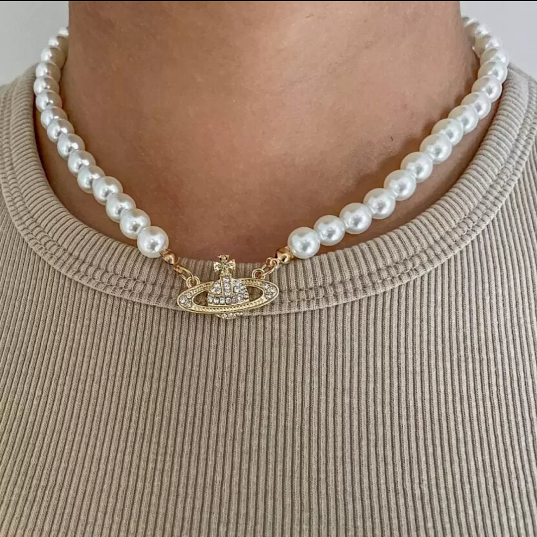 Saturn Pearl Necklace Gold