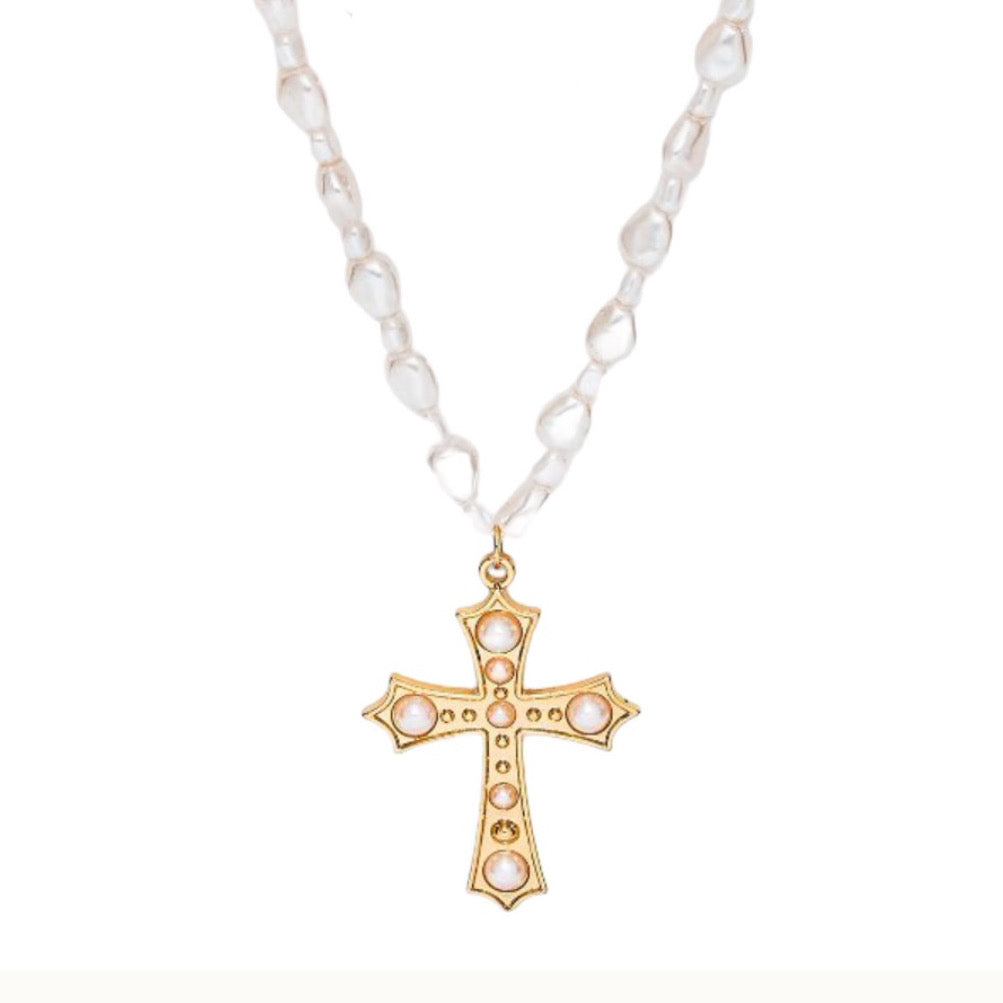 Pearl Necklace with Gold Cross, Pearl Accents