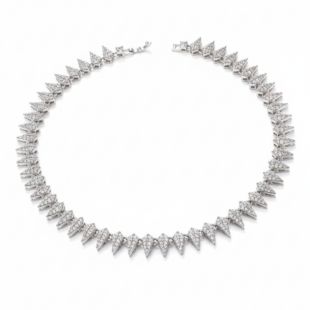 Silver necklace with a white background