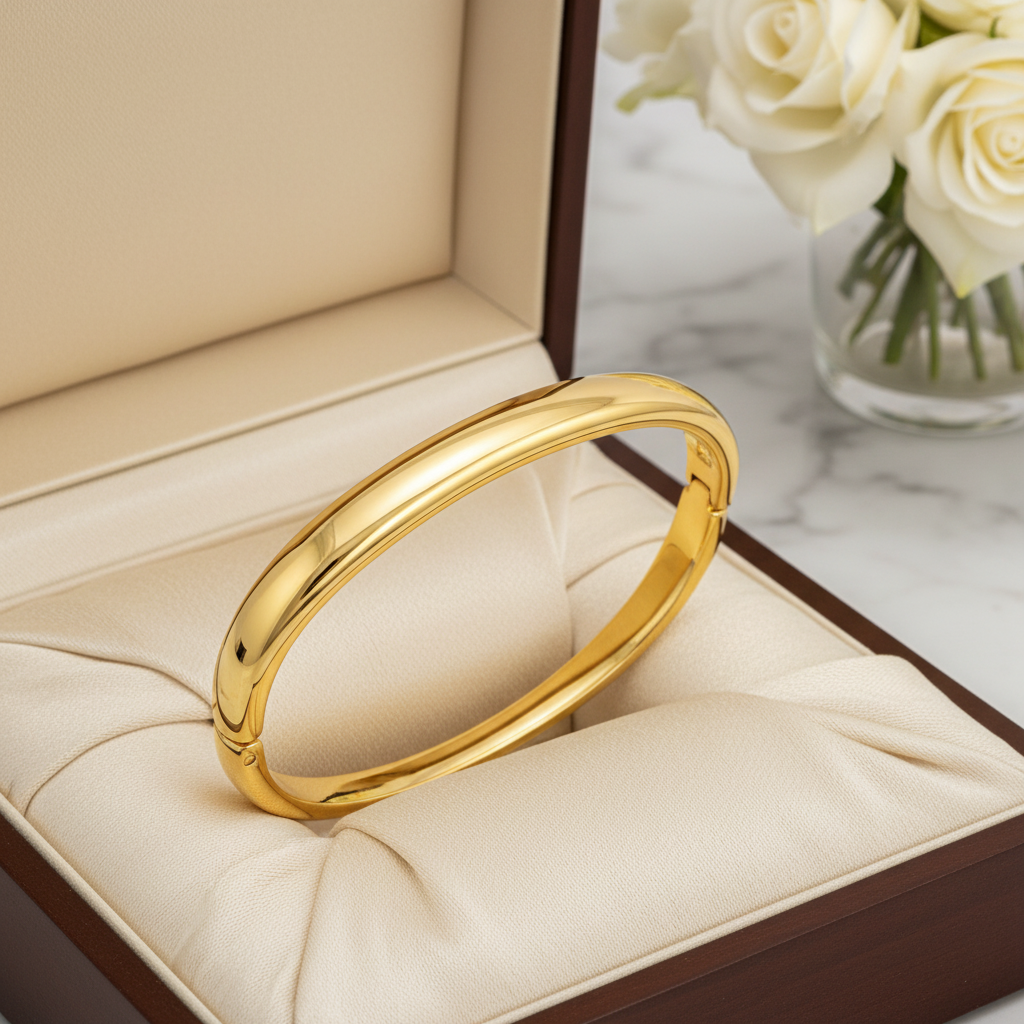 Gold bracelet in a jewelry box with white roses in the background