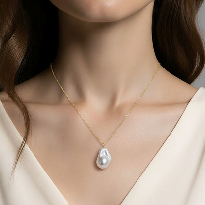 Pearl necklace on a model with a neutral background