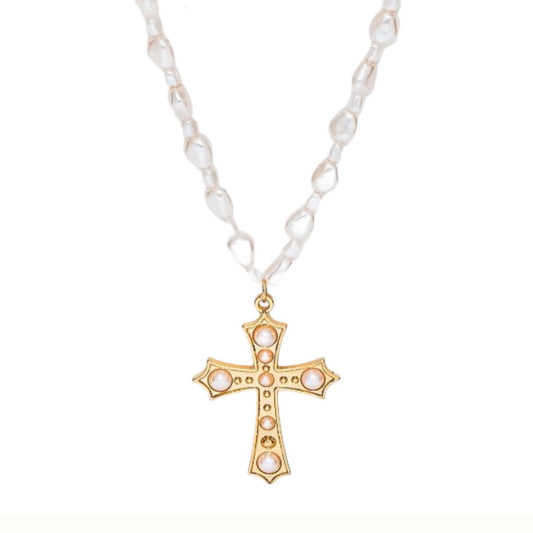 Pearl Necklace with Gold Cross, Pearl Accents 